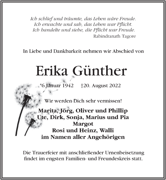 Traueranzeige von Erika Günther von Märkischen Allgemeine Zeitung