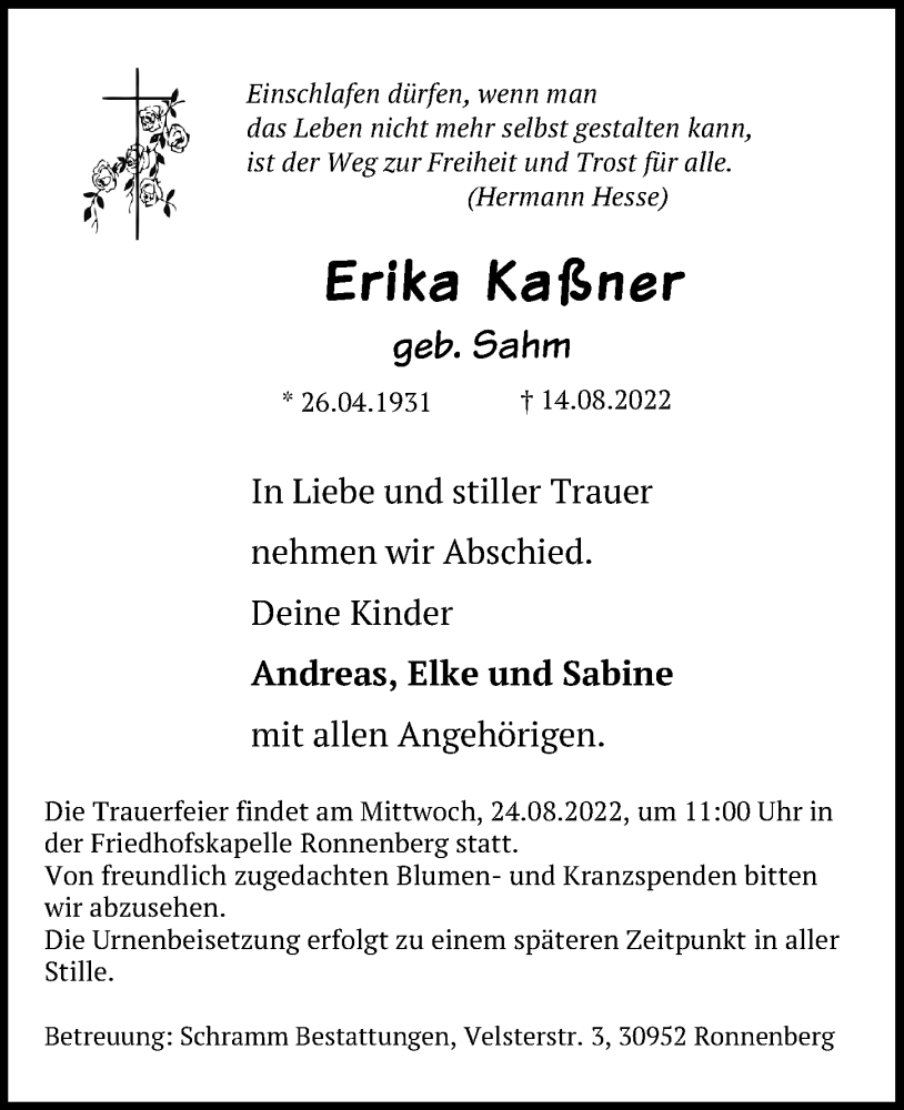  Traueranzeige für Erika Kaßner vom 20.08.2022 aus Hannoversche Allgemeine Zeitung/Neue Presse
