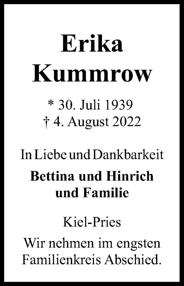  Traueranzeige für Erika Kummrow vom 06.08.2022 aus Kieler Nachrichten