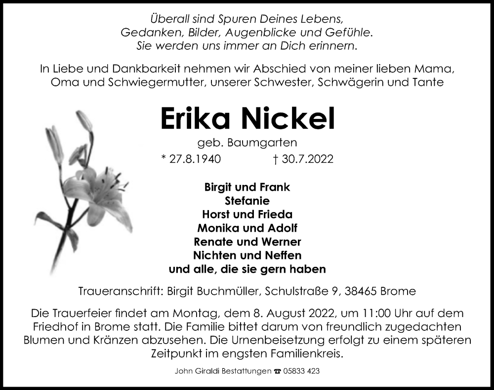 Traueranzeige für Erika Nickel vom 04.08.2022 aus Aller Zeitung