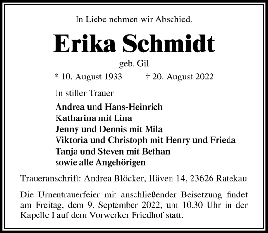 Traueranzeige von Erika Schmidt von Lübecker Nachrichten