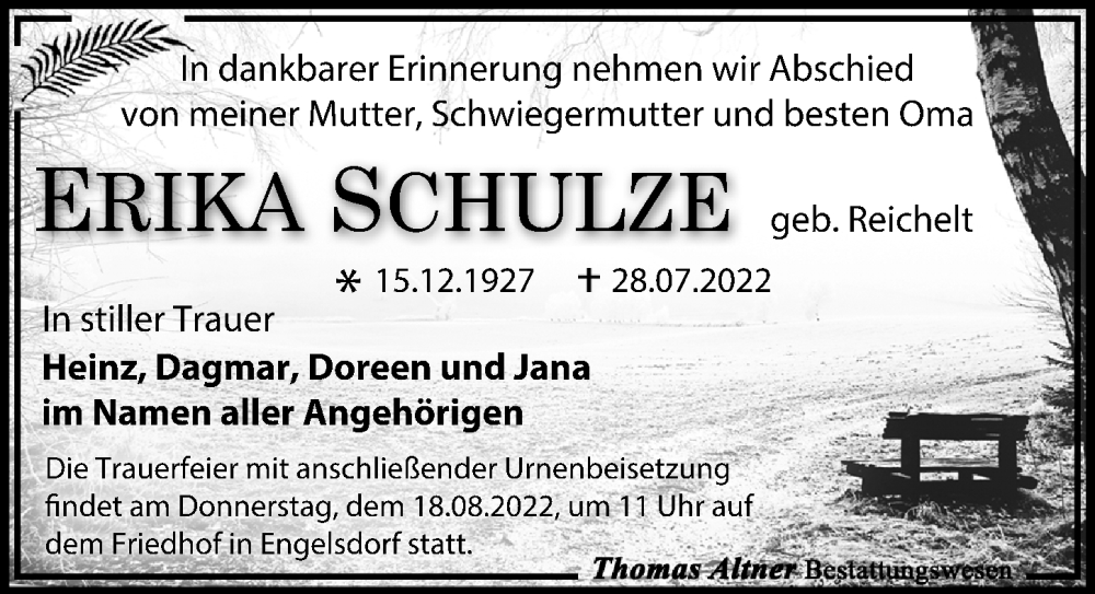  Traueranzeige für Erika Schulze vom 06.08.2022 aus Leipziger Volkszeitung