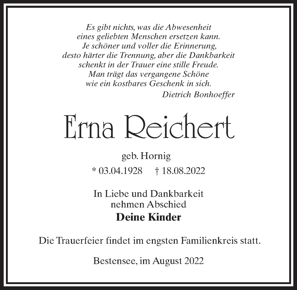  Traueranzeige für Erna Reichert vom 27.08.2022 aus Märkischen Allgemeine Zeitung