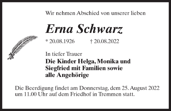 Traueranzeige von Erna Schwarz von Märkischen Allgemeine Zeitung
