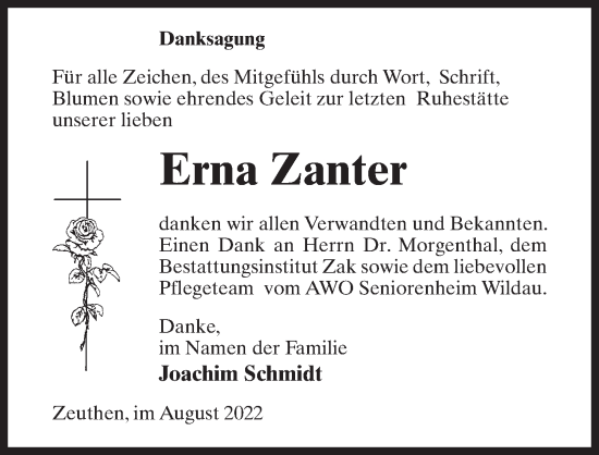 Traueranzeige von Erna Zanter von Märkischen Allgemeine Zeitung