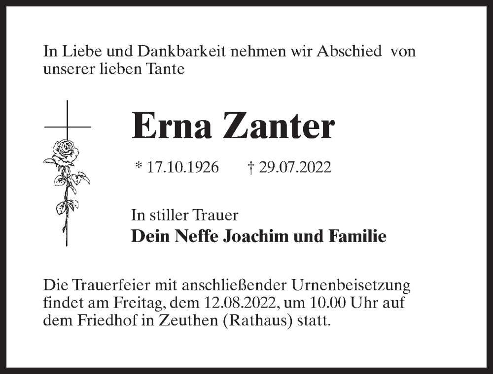  Traueranzeige für Erna Zanter vom 06.08.2022 aus Märkischen Allgemeine Zeitung