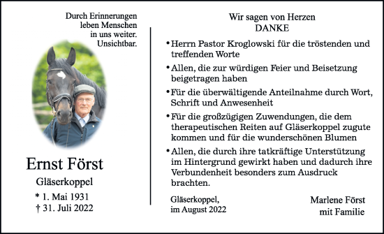 Traueranzeige von Ernst Först von Kieler Nachrichten