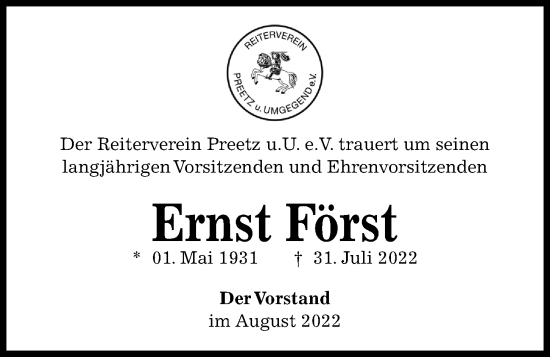 Traueranzeige von Ernst Först von Kieler Nachrichten