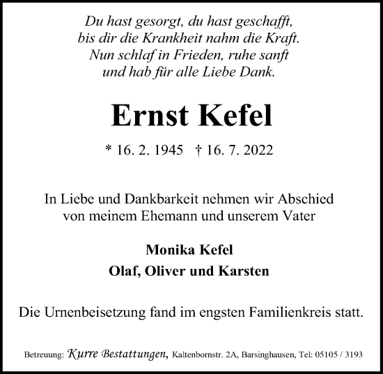 Traueranzeige von Ernst Kefel von Hannoversche Allgemeine Zeitung/Neue Presse