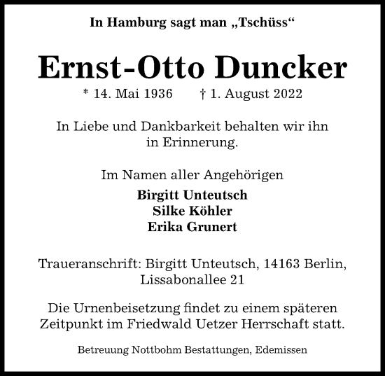 Traueranzeige von Ernst-Otto Duncker von Peiner Allgemeine Zeitung