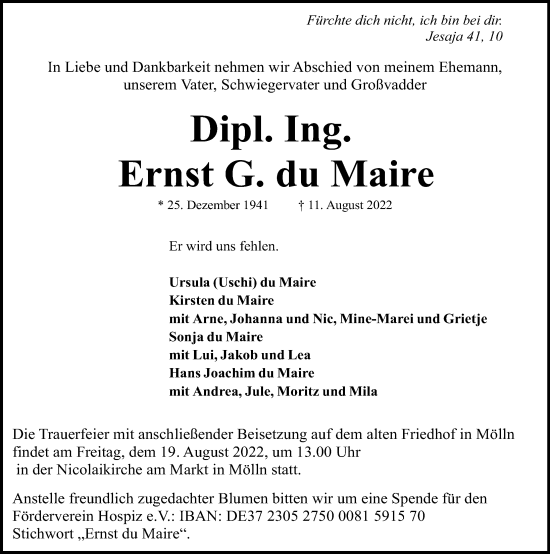 Traueranzeige von Ernst G. du Maire von Lübecker Nachrichten
