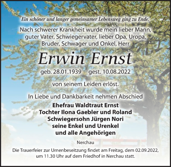 Traueranzeige von Erwin Ernst von Leipziger Volkszeitung