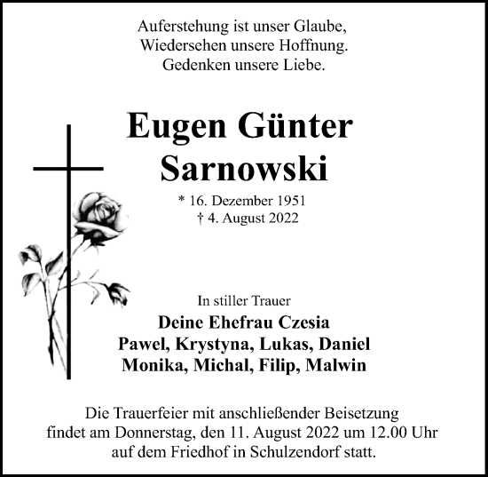 Traueranzeige von Eugen Günter Sarnowski von Märkischen Allgemeine Zeitung