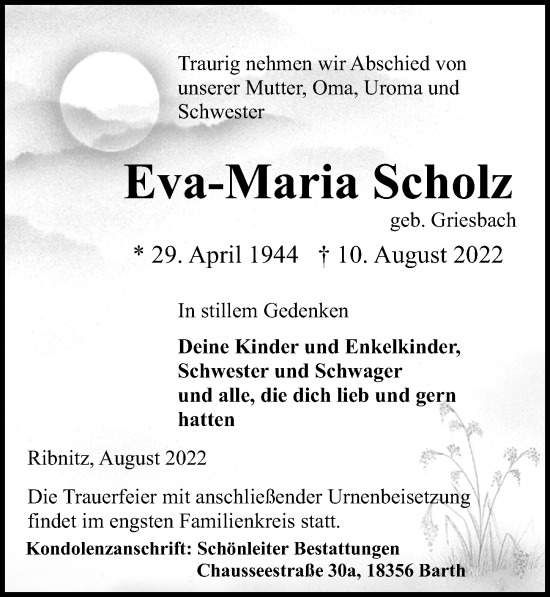 Traueranzeige von Eva-Maria Scholz von Ostsee-Zeitung GmbH