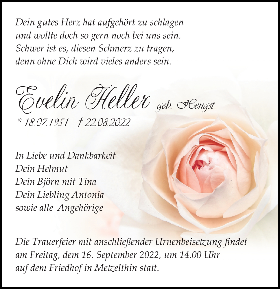 Traueranzeige für Evelin Heller vom 27.08.2022 aus Märkischen Allgemeine Zeitung
