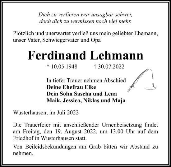 Traueranzeige von Ferdinand Lehmann von Märkischen Allgemeine Zeitung