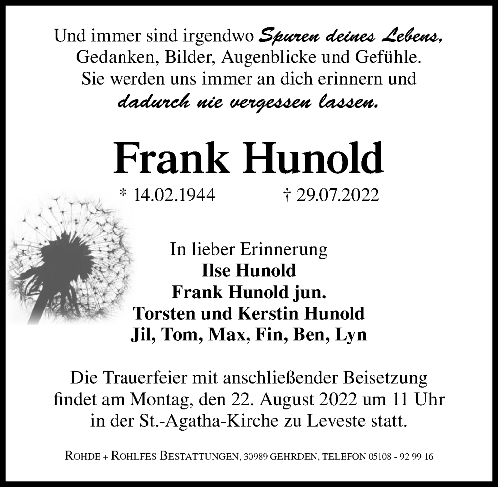  Traueranzeige für Frank Hunold vom 13.08.2022 aus Hannoversche Allgemeine Zeitung/Neue Presse