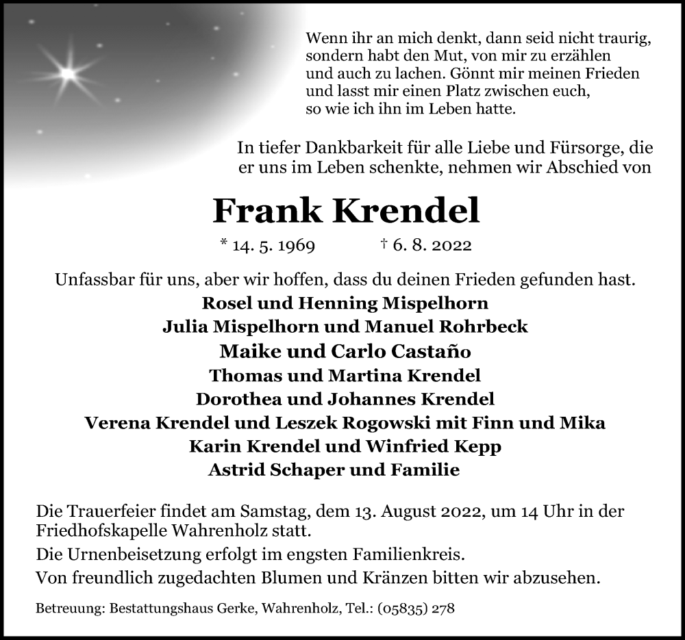  Traueranzeige für Frank Krendel vom 10.08.2022 aus Aller Zeitung