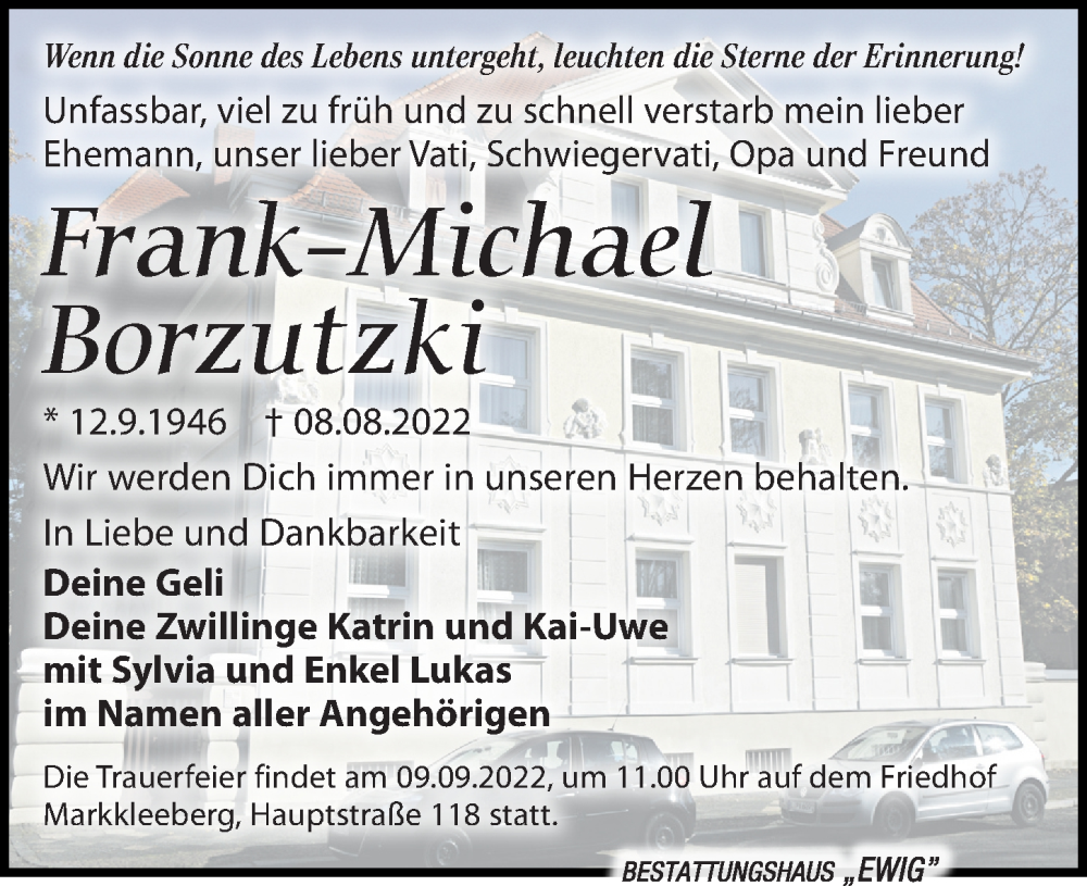  Traueranzeige für Frank-Michael Borzutzki vom 13.08.2022 aus Leipziger Volkszeitung