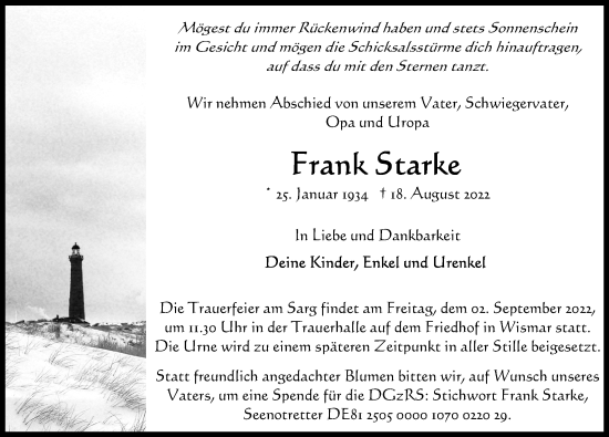 Traueranzeige von Frank Starke von Ostsee-Zeitung GmbH