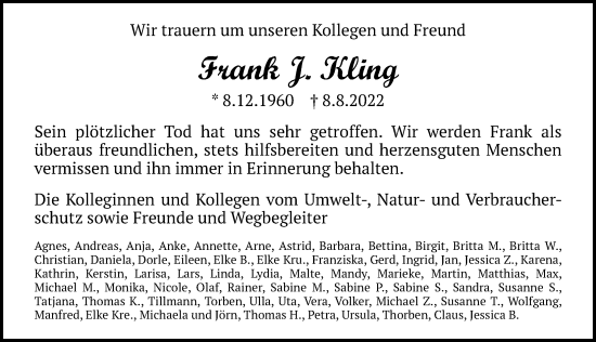Traueranzeige von Frank J. Kling von Lübecker Nachrichten