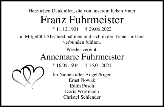 Traueranzeige von Franz Fuhrmeister von Ostsee-Zeitung GmbH