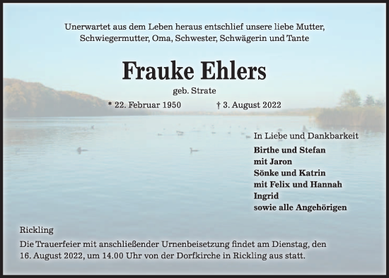 Traueranzeige von Frauke Ehlers von Kieler Nachrichten
