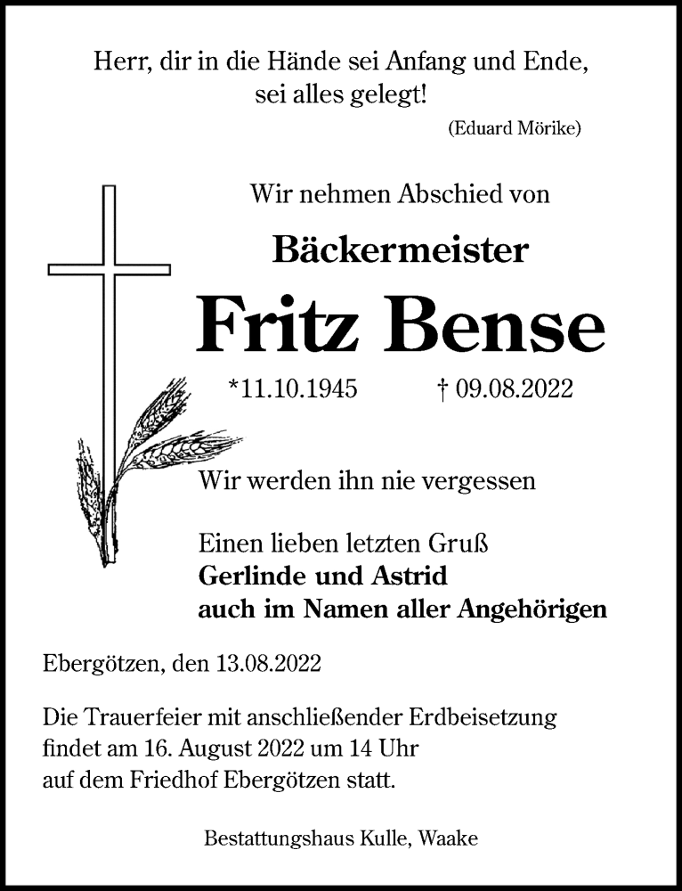  Traueranzeige für Fritz Bense vom 13.08.2022 aus Göttinger Tageblatt