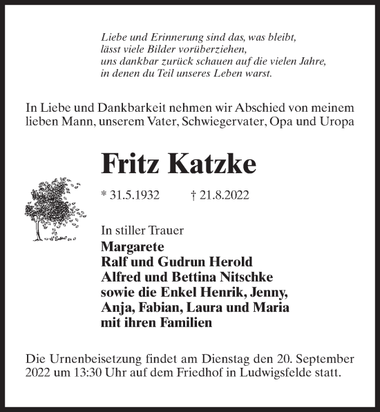 Traueranzeige von Fritz Katzke von Märkischen Allgemeine Zeitung