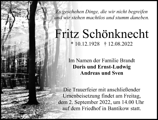 Traueranzeige von Fritz Schönknecht von Märkischen Allgemeine Zeitung