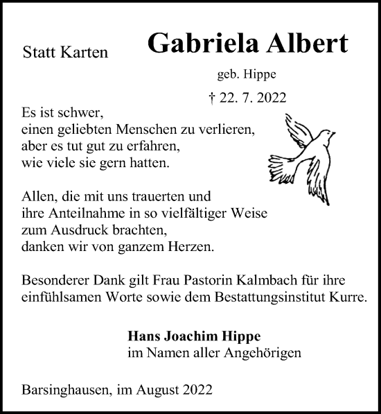 Traueranzeige von Gabriela Albert von Hannoversche Allgemeine Zeitung/Neue Presse