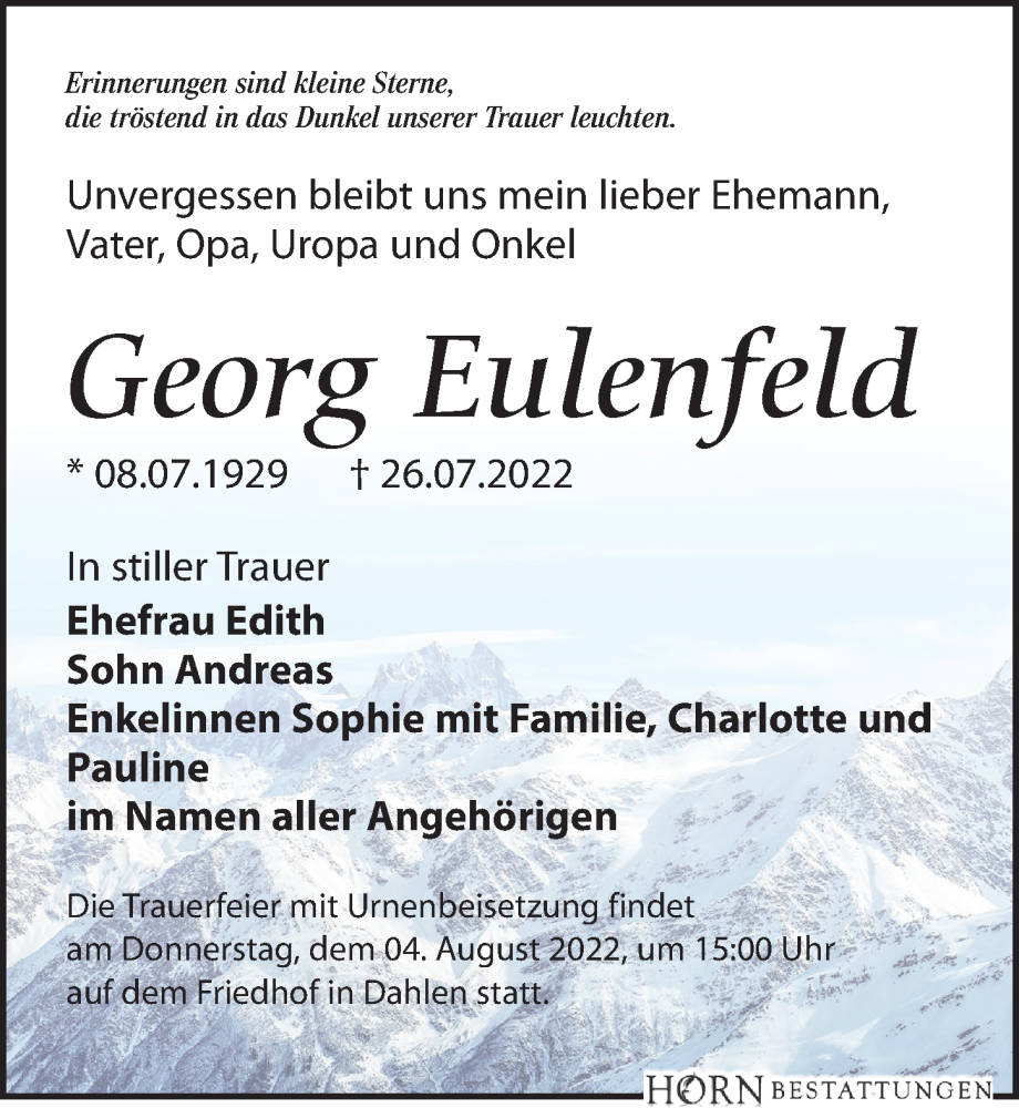  Traueranzeige für Georg Eulenfeld vom 30.07.2022 aus Leipziger Volkszeitung