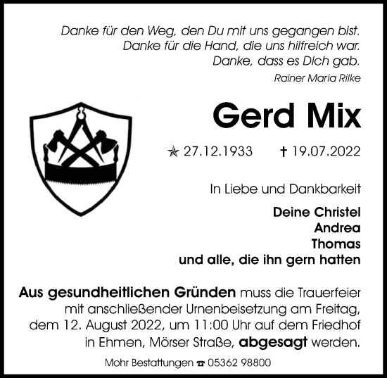 Traueranzeige von Gerd Mix von Aller Zeitung
