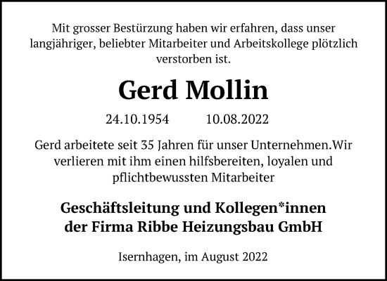 Traueranzeige von Gerd Mollin von Hannoversche Allgemeine Zeitung/Neue Presse