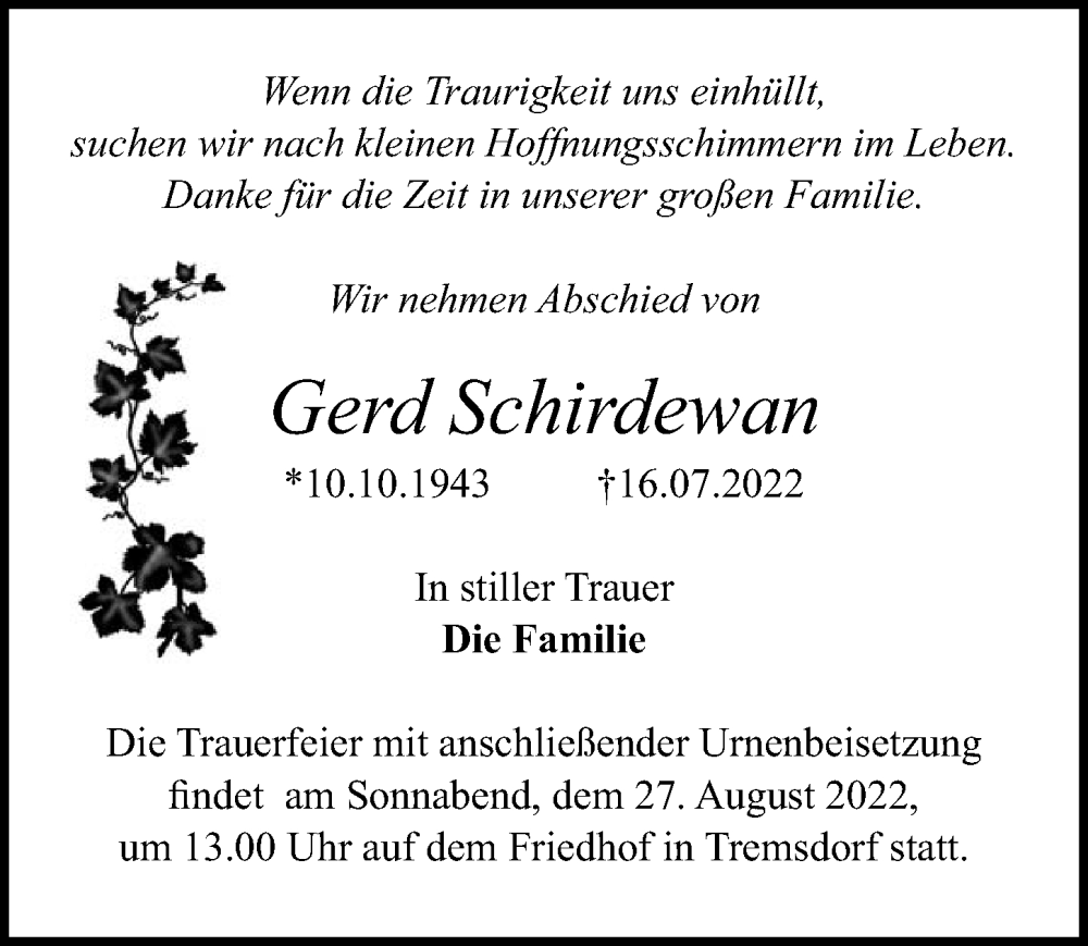  Traueranzeige für Gerd Schirdewan vom 13.08.2022 aus Märkischen Allgemeine Zeitung