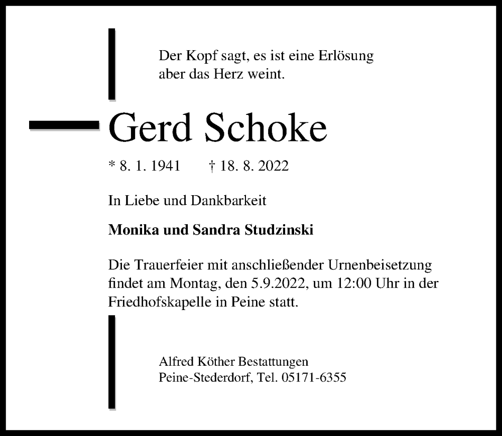 Traueranzeige für Gerd Schoke vom 27.08.2022 aus Peiner Allgemeine Zeitung