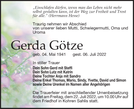 Traueranzeige von Gerda Götze von Leipziger Volkszeitung
