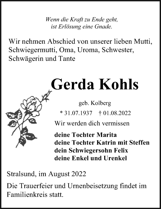 Traueranzeige von Gerda Kohls von Ostsee-Zeitung GmbH