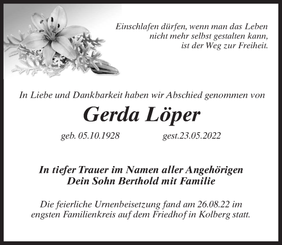 Traueranzeige von Gerda Leer von Märkischen Allgemeine Zeitung