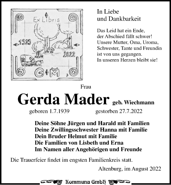 Traueranzeige von Gerda Mader von Leipziger Volkszeitung