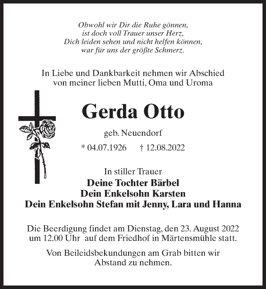  Traueranzeige für Gerda Otto vom 19.08.2022 aus Märkischen Allgemeine Zeitung