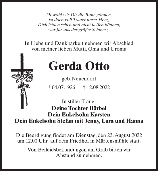 Traueranzeige von Gerda Otto von Märkischen Allgemeine Zeitung