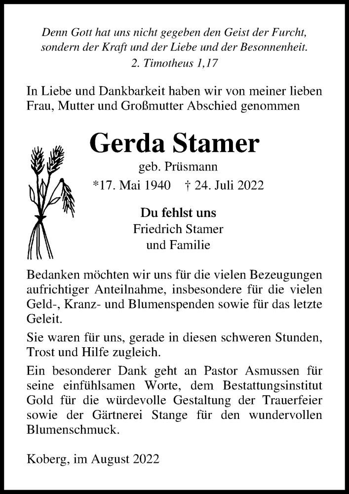  Traueranzeige für Gerda Stamer vom 20.08.2022 aus Lübecker Nachrichten