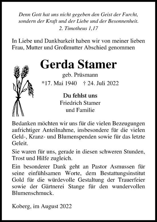 Traueranzeige von Gerda Stamer von Lübecker Nachrichten