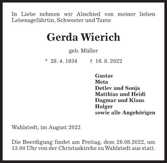 Traueranzeige von Gerda Wierich von Kieler Nachrichten