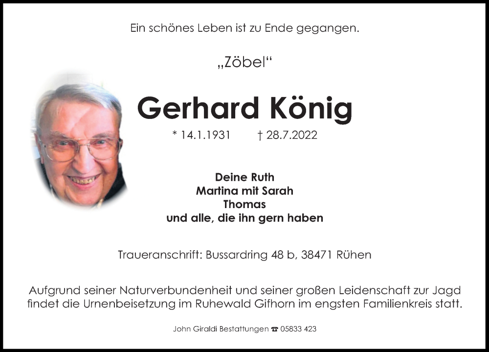  Traueranzeige für Gerhard König vom 05.08.2022 aus Aller Zeitung