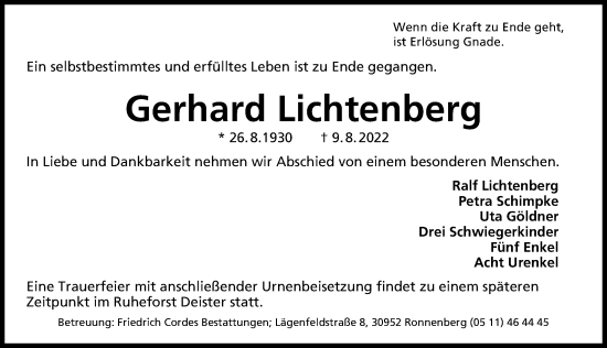 Traueranzeige von Gerhard Lichtenberg von Hannoversche Allgemeine Zeitung/Neue Presse