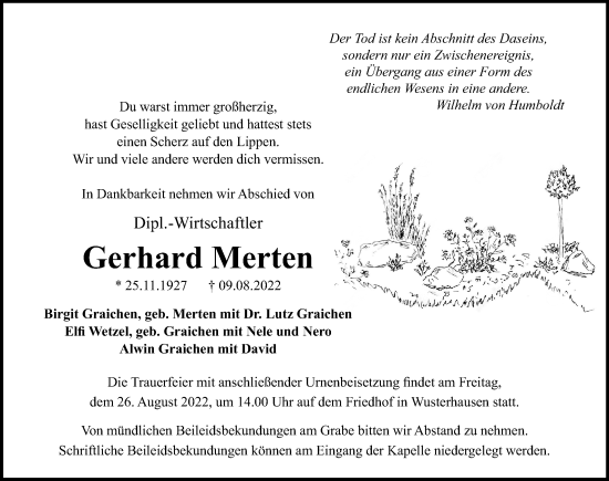 Traueranzeige von Gerhard Merten von Märkischen Allgemeine Zeitung