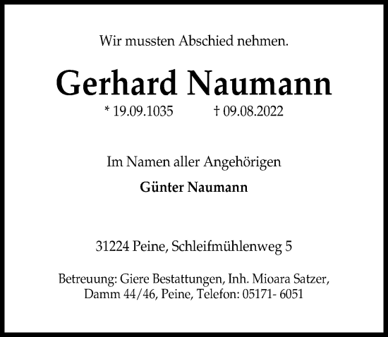 Traueranzeige von Gerhard Naumann von Peiner Allgemeine Zeitung