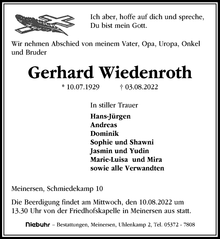  Traueranzeige für Gerhard Wiedenroth vom 06.08.2022 aus Aller Zeitung